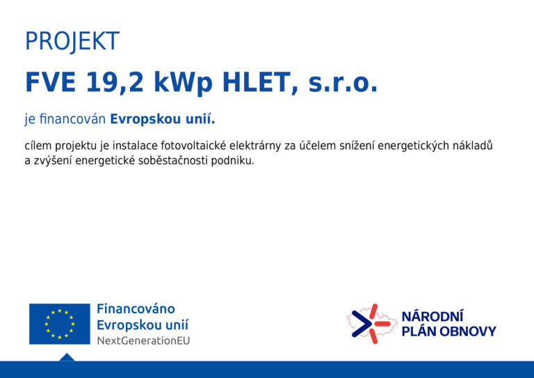 Projekt FVE 19,2 kWp HLET, s.r.o. je financován Evropskou unií.